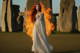 Full body shot of a tall slim red-headed young woman, dressed like a gipsy, standing in front of Stonehenge in a flaming circle