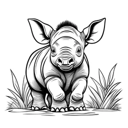 cute cub African Rhinoceros, black and white, white background, clean lines, coloring page for kids