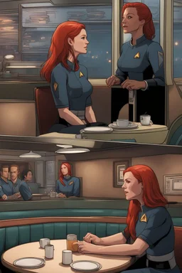 [Starfleet Lieutenant Lisa Neeley] As she settled into a booth at the cozy diner, Summer's initial apprehension slowly gave way to a growing sense of trust. Summer, a streetwise redhead girl who had learned to navigate her environment through resilience and toughness, found herself starting to let her guard down.