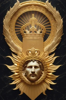 Ultra Realistic image, Roman sculpture, clean white marble material, Lionel Messi, gold Laurel leaves wreath, god crown, renaissance ornaments, one gold star in heart, sun ornament, sun rays background, chisel style, waist up portrait, emperor style, epic, celestial, cinematic lighting, God light, god rays, 4k resolution, smooth details, ornate details, soft lighting, unreal engine 5, art station, substance 3d.