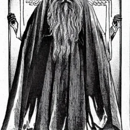 Russian Orthodox nosferatu with five yellow eyes and tentacle beard and long arms and fingers and a horns