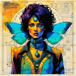 Hand drawn technical,full body portrait illustration , with detailed blueprints and engineering schematics of a walking Madagascan sunset moth insect girl, in the comic book art style of BILL SIENKIEWICZ and JEAN GIRAUD MOEBIUS, with highly detailed facial features, drawings, and technical notation, 8k, vibrant natural colors