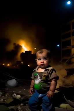 Palestinian baby , Destroyed Buildings , with a Explosions, at night