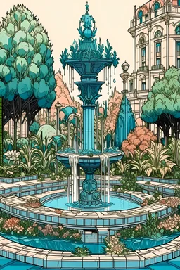 City , plants , fountain , colour , beautiful, drawing