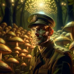 portrait of macho gestapo army officer inside glowing mushroom grove, 4k, down-light, soft light, depth of field, photo realism, trending on art station, high detail, spraypaint