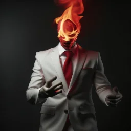 a scary man with fire in the palm of his hand wearing a white suit with a red tie who has no face