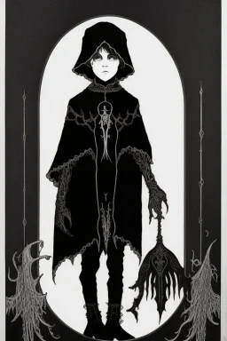 7 year old boy, necromancer, friendly, looks dead,with a long lamprey emerging from his belly , wearing black robes, in the style of Harry Clarke