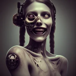 a cute smiling girl with her toy with a tattoo in her face, michelangelo oil painting, steam punk, scary, horror, realistic, made in octane, cinematic, ultra-realistic, extremely detailed octane rendering, 8K, VRAY Super Real ar 2:3, dof photorealistic futuristic 50mm lens hard lighting dark gray tintype photograph, realistic lighting, sephia colors