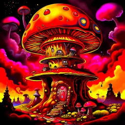 A fantabulous black, red, and yellow (((mushroom tower house))) erected atop a (geologic pillar), surrounded by the uncanny imaginative ((( swirling skies))), offset by the stark hues of a (neon-tinged nebulous space scape), within. captured by the hand a skilled master painter with a focus on (softly blurred compositions and voluminous lighting).