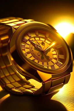 Generate an image of a men's solid gold watch bathed in the warm glow of the golden hour sunlight, highlighting its luster and sophistication.