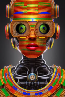 robot portrait in Kente, rusted clock eyes, cinematic, ghana flag, african pattern symbols, engraved, 8k quality