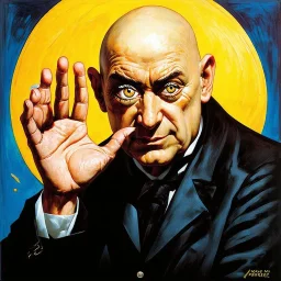 Bald Aleister Crowley holding up hand revealing an eye in his palm, psychedelic, surreal, by Dave McKean