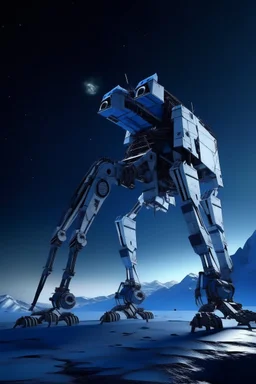 I want an image of a eight legged mechanical walker mech scaling the side of mout everest at night, it has a smooth surface