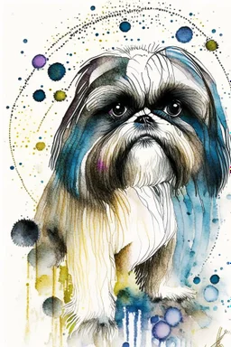Abstract wet watercolour of a Shih tzu ink lines, interlinked circles,detailed focus on eyes