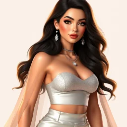 A stylized 3D render of Madison Beer portrayed as a glamorous modern pop icon with a soft yet confident aura. She has radiant, porcelain skin, long voluminous dark brown hair cascading in gentle waves, and captivating hazel eyes framed by bold lashes and shimmering makeup. Her outfit is a chic, form-fitting ensemble—a glittering silver crop top paired with high-waisted satin pants and a long translucent cape that flows behind her, catching the light. Delicate jewelry—crystal earrings, layered ne