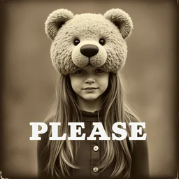a girl with a teddy bear head instead of her head, long hair, , static, with the word PLEASE, old sepia photo