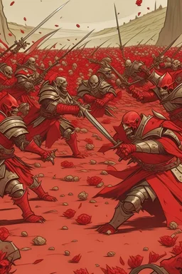 a red battle field with dead orcs