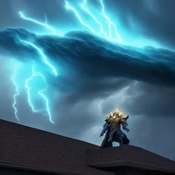 Close up, Rooftop view, Giant Paladin casting a hologram shield spell covering a Home,encroaching storm, ominous color palette, 8k resolution, high-quality, fine-detail, detailed matte, volumetric lighting, illustration, greg rutowski, crystal Sully,