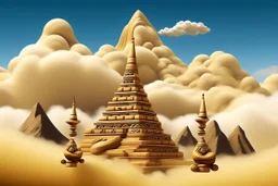 A beige mountain in the clouds with African pan flutes designed in ancient Egyptian architectures and sculptures