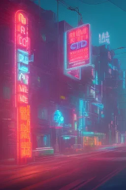 Art deco style architecture cityscape, neon lights, vibrant billboards
