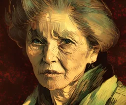 yaşlı bir kadının portresi, çiçekler, dramatik ışıklandırma, Van Gogh tarzı, Greg Rutkowski tarzı, Yoji Shinkawa tarzı, 4k, dijital sanat, konsept sanat, Artstation'da trendlere girmiş