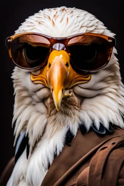 Portrait of an {Eagle} wearing a {brown} suit and sunglasses, {white} color background, realistic photography, shot on Sony dslr camera, Fujifilm --s 250