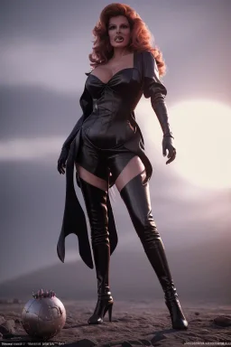 Raquel Welch as evil queen in black leather gown, angry, busty, curvey, cleavage, unreal 5, octane render,cinema4d, dynamic lighting, dramatic lighting, 4k, redshift render, highly detailed, hyper realistic