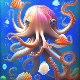 beautiful mystical underwater octopus, seashell, fish, high quality, acrylic paints, pastel colors, by Renoir