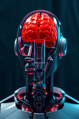 PHoto of red brain on robot face with in side. A glass cylinder connected with wires to main computer