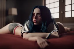 Billie Eilish, on the bed, in my underwear, pale skin, high detail, realistic, 8k, not to be distinguished from a photo