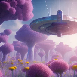 Spaceship landed on futuristic planet, sunny day. clear blue sky, cascade, flowers. Elegant. Extremely detailed. Award winning photography. Fantasy. 8k. Cinematic lighting. Photorealistic. Dynamic lighting. Imperial colors. Crisp quality. Unreal Engine. Colourful cinematic postprocessing. Pixar. VRay.