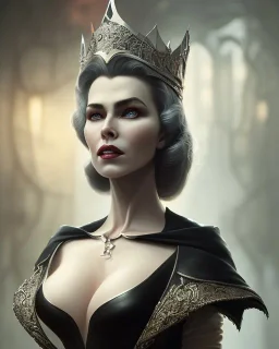 old evil queen in black leather gown, femme fatale, volouptous, busty, cleavage, angry, emperious, 8k resolution concept art portrait by Greg Rutkowski,