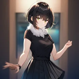 Clear focus, High resolution, fluffy black short hair, dark green eyes, wearing a black t-shirt and pleated black skirt, fluffy hair, detailed outfit