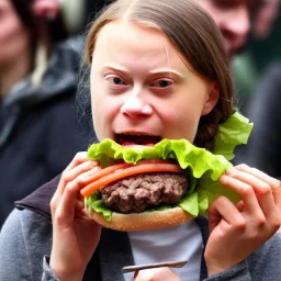 Greta Thunberg eating human meat burgers oozing with grease.