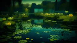 Contemplative, dreamy and ethereal photo of a technological garden with a lake. Shapes are very geometric, grainy and with a little blur. Colors are dark blue, golden brown and electric green. Light background.