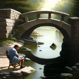 an artist with an easel sits on a chair next to a little stone bridge, he is painting. highly detailed, smooth colours