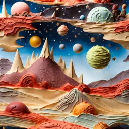 Detailed creepy landscape made of cake-frosting and modeling clay, stars and planets, Amano, Roger Dean l, strong texture, Ernst Haekel, extreme detail, intricate, colours, Max Ernst, decal, rich moody colors, sparkles, bokeh, odd