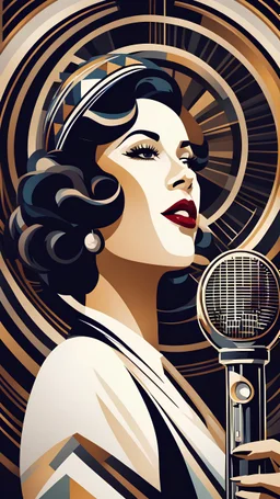 Create a portrait of a jazz singer in the style of Art Deco, with bold geometric patterns and elegant lines. The singer should be holding a vintage microphone, capturing the essence of the Roaring Twenties. 4k resolution.