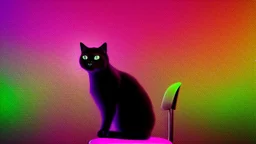 black cat sitting on an office chair, dark room with neon violet lights, realistic