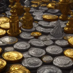 dynamic lighting, Intricately detailed, Splash screen art, deep color, Unreal Engine, volumetric lighting, silver coins, gold coins, silver treasure, stacked coins, indoors, altar, black table, sigil, shiny, crystal, jewelry,