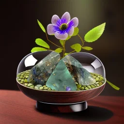 olivine stone, flowers, ancient, magic,on dark wooden table with drinking glass, hairy hand