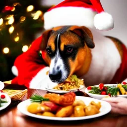 Dogs eating Christmas dinner