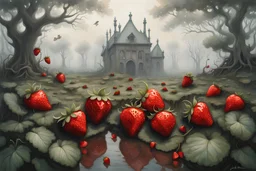 misty morning, strawberry fields forever fantasy intricate intricate details beautiful fantastic view hyperrealistic Unreal Engine acrylic art Jean-Baptiste Monge polished muted colors John James Audubon sharp edges Summer colors