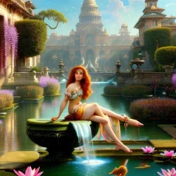 Hyperdetailed oil on canvas, young robyn lively sits by the ornate fountain, goldfish pond, lotus, detailed face, long muti-hued red curly hair; by gaspar camps, maxfield parrish, alphonse mucha, cyril rolando, dan mumford; luminous colorful sparkles, glitter, airbrush, octane render, volumetric lighting, 16k