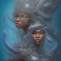 sango fantasy, fantasy magic, intricate, sharp focus, illustration, highly detailed, digital painting, concept art, matte, artgerm and paul lewin and kehinde wiley, masterpiece sexy lips Hawaiian afro lips black African lady body mermaid Dragonfish head blue space lady sea under water mermaid seaweed pyramid