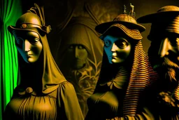 Daguerrotype close up some mysterious figures, odd background, cinematic, Hieronymus Bosch Max Ernst ambient light, by Minicavio Quollati and Marlost Endgulp, Amano, Botticelli, Alphonse Mucha