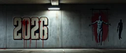 background of firing squad execution wall(wet textured concrete, gray, old, cracked, billet holes, blood stained, 1 wall light) from underground parking, german style, a large blocky upside down "2026" painted on left(old faded paint, red stains running down and past), cyberpunk, to the right a larger mural of a hung dead man, gilliad