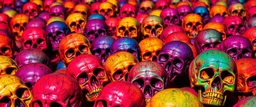 a field of skulls, multi colored, bright, vivid, psychedelic, high detailed, matte, , horrorcore,unsettling contrast