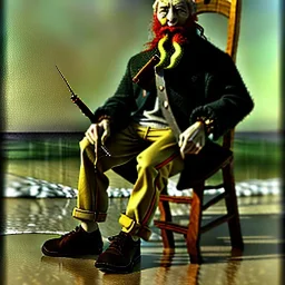 Portrait in oil of old fishermen sitting on a chair ,long beard, fantasy 8k by Van Gogh