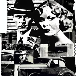 Black and white photo of Bonnie and Clyde's face, (collage), by Paul Davis, by Micah Klein, contemporary art collage, HD mixed media collage, collage of vintage gangster cars, mobster submachine guns and guns Gangsters in America, Contemporary Collage, George Mathew, Collage Artwork, Mixed Media Collage, Decollage, Collage Art, by Kurt Roesch, by Antoni Pitso, Joel-Peter Wickin, Joel - Peter Wickin